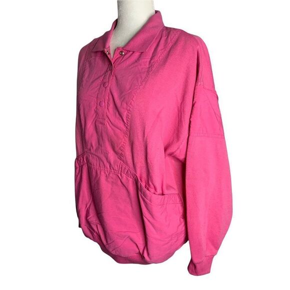 Vintage 80s Snap Front Pullover Sweatshirt L Pink Collared Pockets Ribbed Knit - Picture 3 of 6